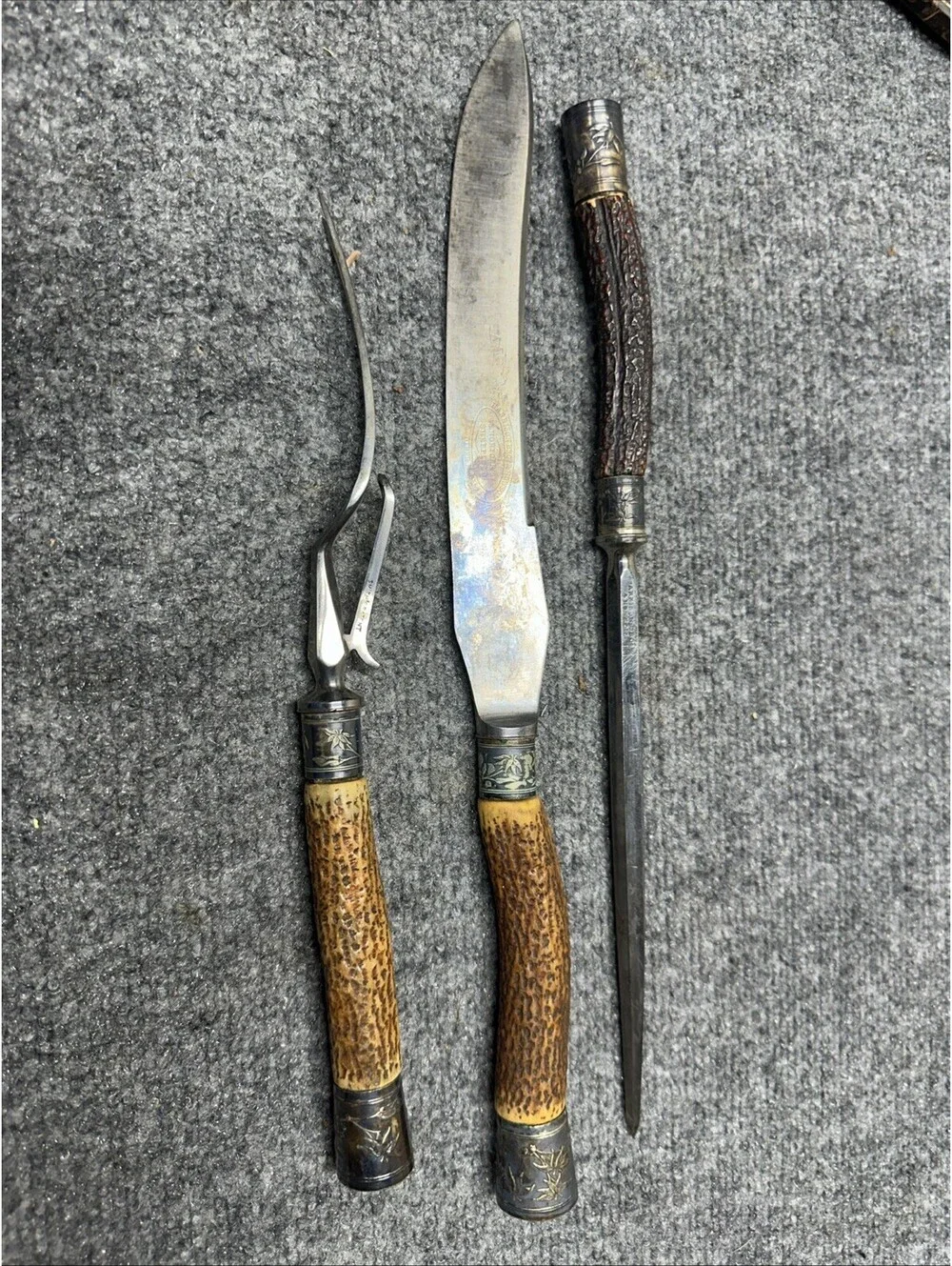 VTG Harrison Bros & Howson 3pc Carving Set Stag Horn Handles Engraved Case